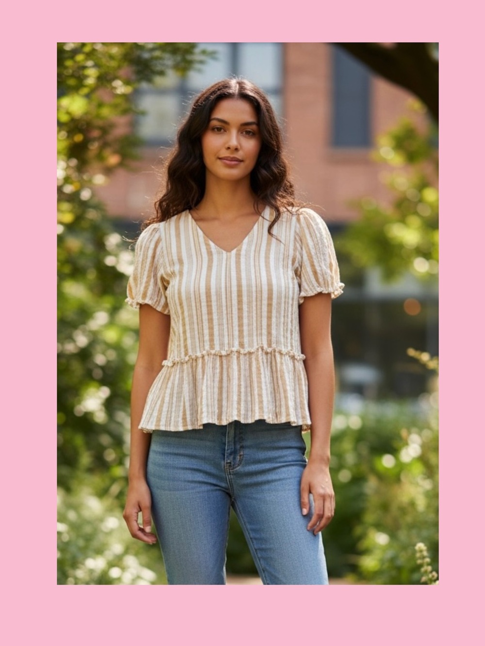 emory park Beige & Cream Striped V-Neck Peplum Blouse